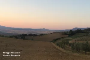 Via Francigena, Toscane — Petit matin après une nuit de bivouac. La lumière apparaît et le monde semble retenir son souffle.